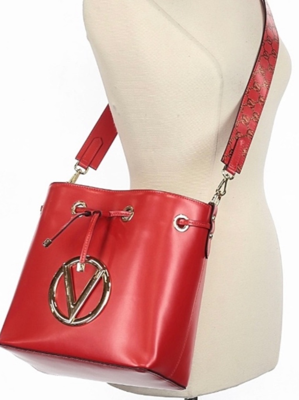 Beautiful new Valentino Red Leather V-Charm Bucket Bag with Logo Strap